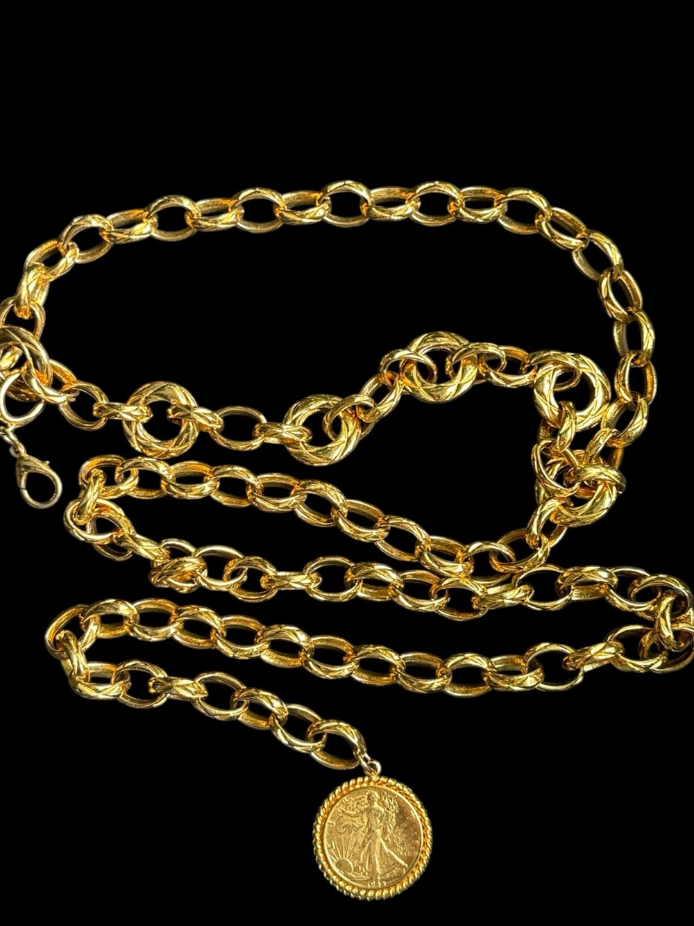 Vintage Gold Chain Link Belt with Gold Coin